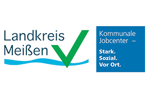 Logo des Kommunalen Jobcenters im Landkreis Meißen mit dem Zusatz „Stark. Sozial. Vor Ort.“