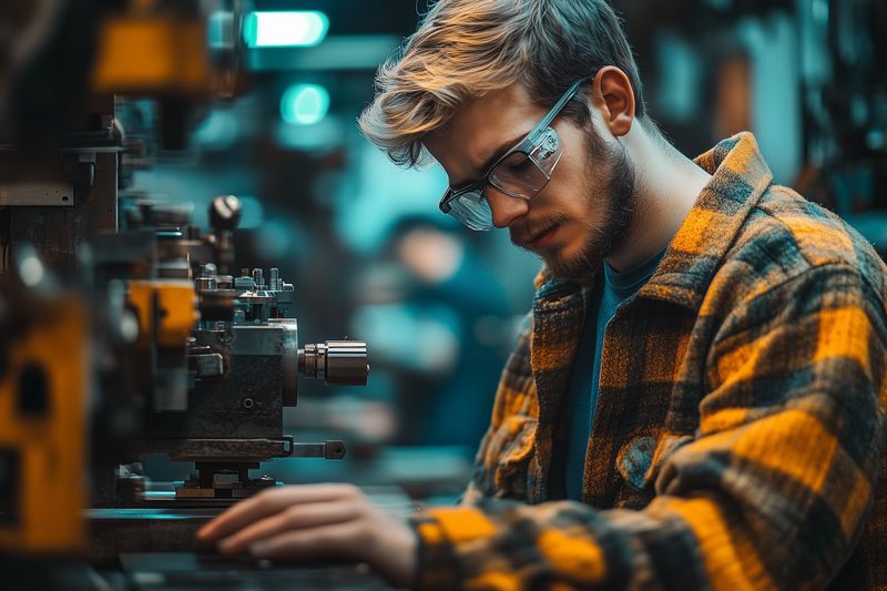 Junger Mann mit Schutzbrille arbeitet konzentriert an einer Werkzeugmaschine