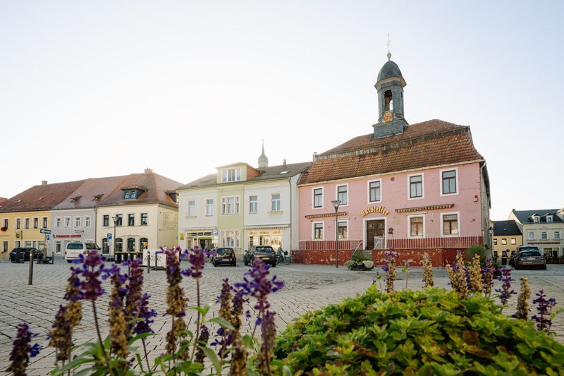 Marktplatz von Radeburg mit historischem Rathaus und Bürgerhäusern, im Vordergrund Blumen