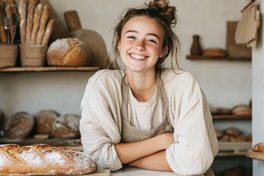 Ein junges Mädchens steht an einem Tresen einer Bäckerei. Neben ihr liegt ein Brot und im Hintergrund sind weitere Backwaren zu sehen.