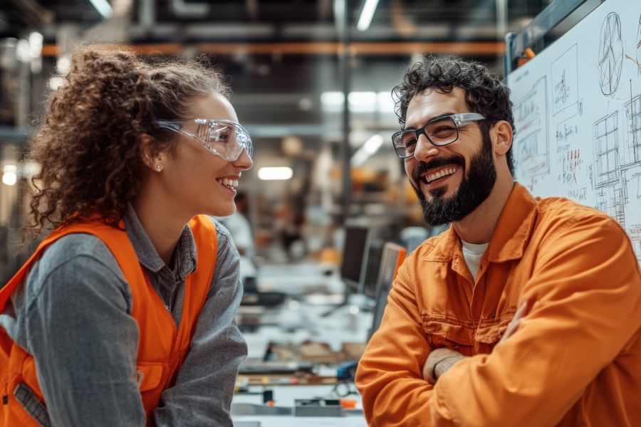 Ingenieurin mit Schutzbrille und Warnweste im Gespräch mit einem Kollegen in einer Werkhalle