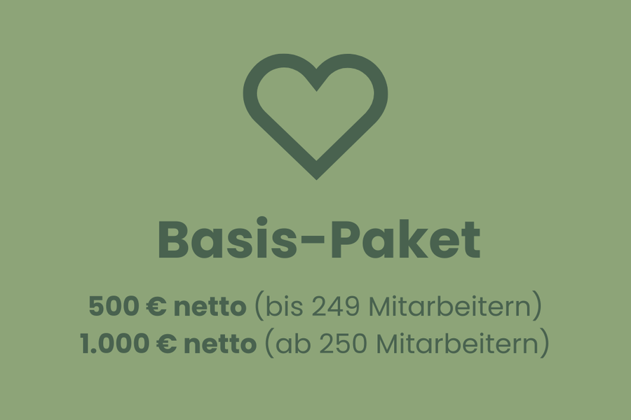 Grafik „Basis-Paket“: 500 € netto bis 249 Mitarbeitende, 1.000 € netto ab 250 Mitarbeitenden