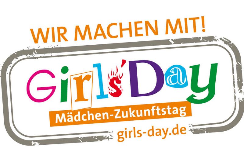 Logo des Girls’Day — Mädchen-Zukunftstag mit dem Zusatz „Wir machen mit!“