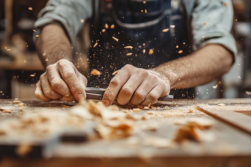 Ein Handwerker hobelt Holz, dabei fliegen Späne in die Luft. Die Hände sind im Fokus, im Hintergrund trägt die Person eine Latzschürze.