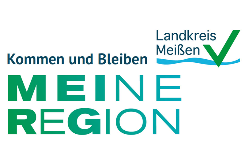 Logo der Kampagne „Kommen und Bleiben — MEIne ReGion“ mit dem Logo des Landkreises Meißen