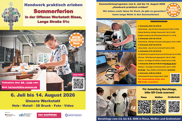 Flyer der Offenen Werkstatt Riesa mit dem Sommerferienprogramm 2026