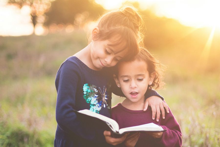 Zwei kleine Mädchen stehen im Sonnenschein auf einer Wiese und schauen gemeinsam in ein Buch.