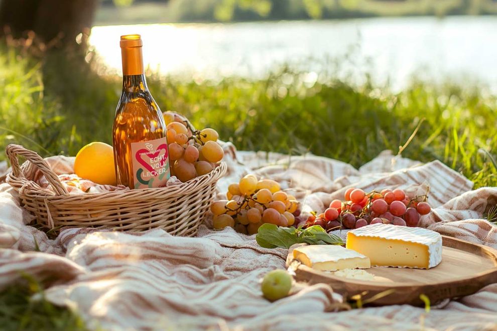 Picknick am Wasser mit Weinflasche, Weintrauben und Käse auf einer Decke