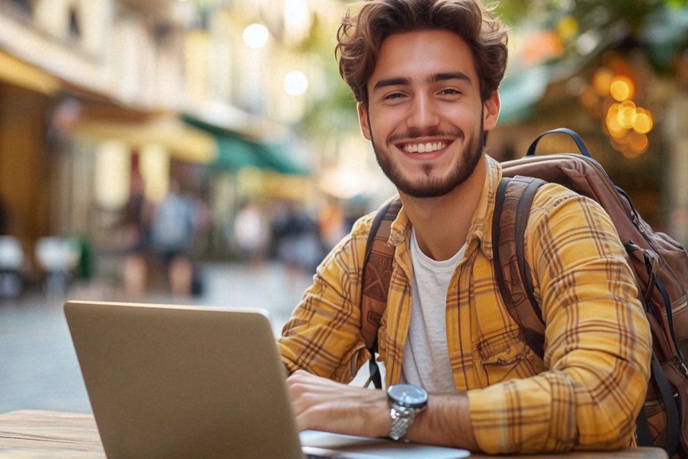 Junger Mann mit Rucksack arbeitet im Sommer am Notebook in einem Straßencafé