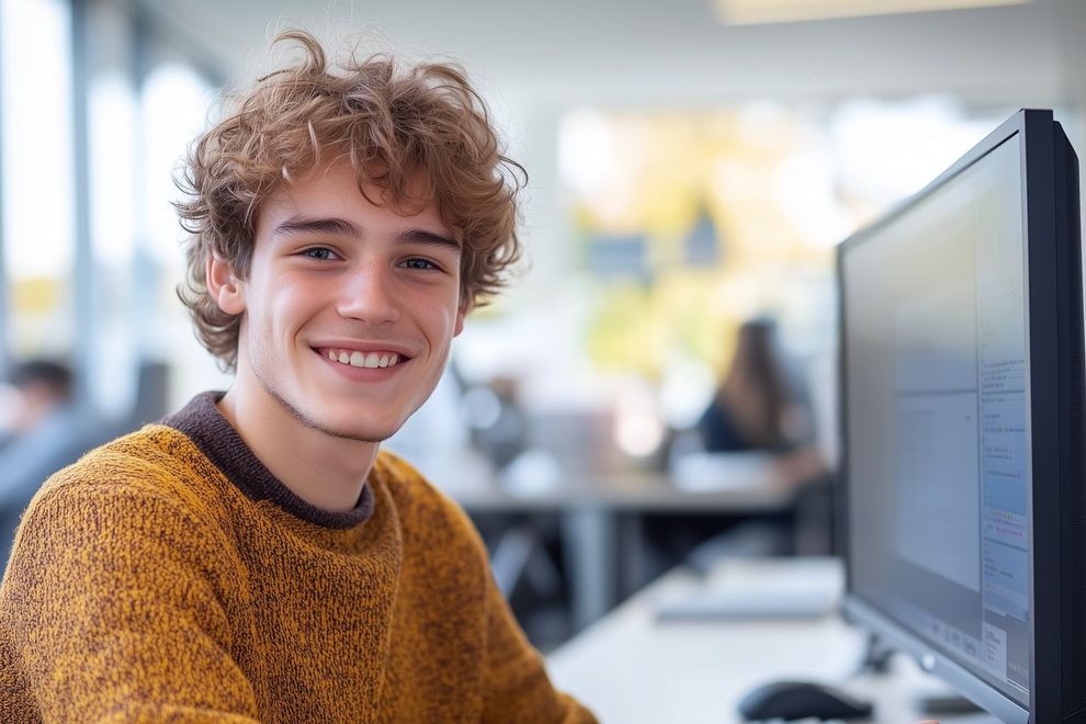 Lächelnder Schulabgänger sitzt vor einem Bildschirm in einem Klassenraum